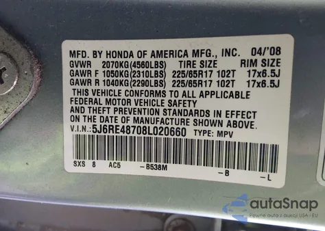 2008 Honda Cr-V Ex-L z USA, uszkodzony, nr VIN 5J6RE48708L020660